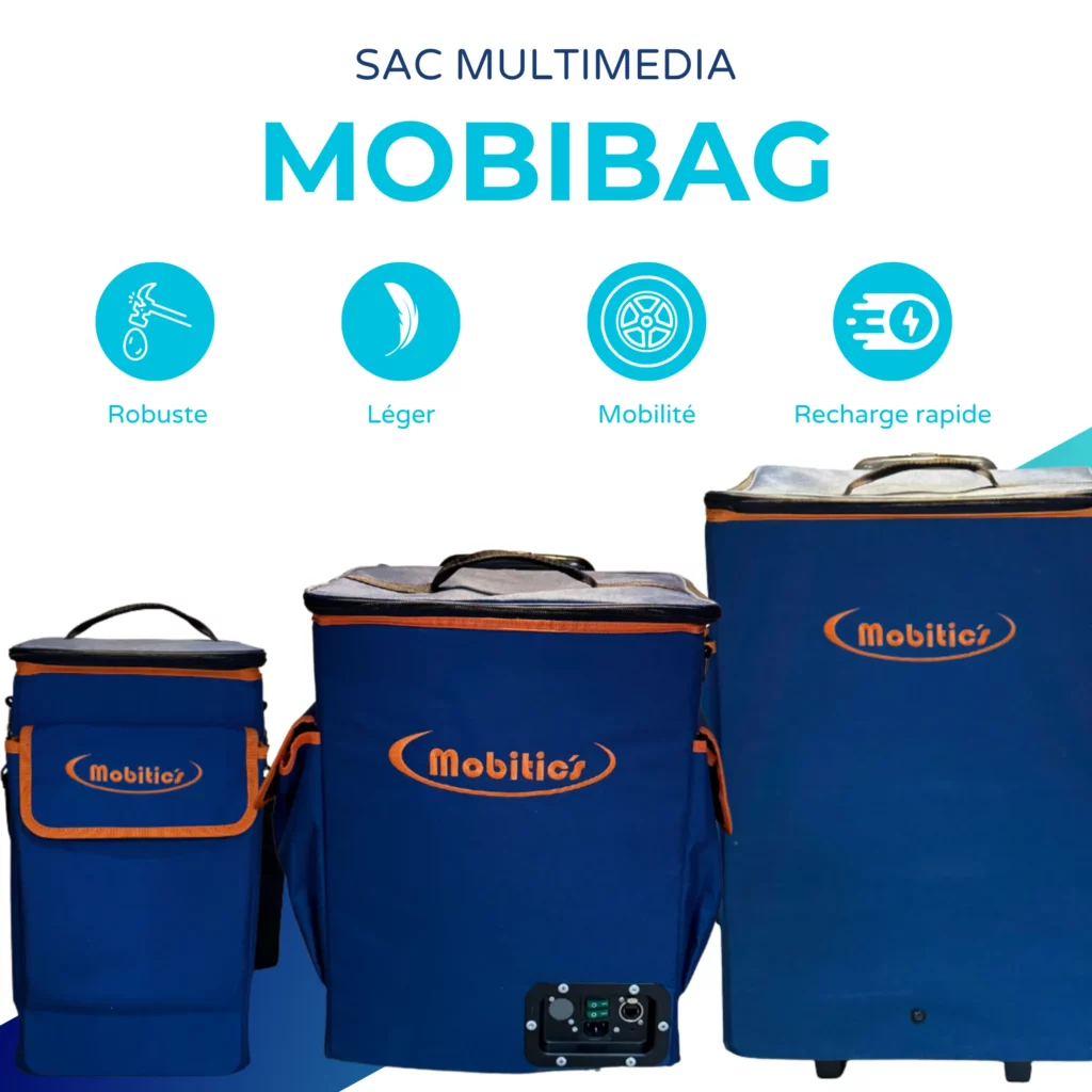 sacs multimédias Mobibag pour tablettes et PC – modèles Mobibag Mini, Mobibag Standard et Mobibag ++ – transport, recharge et connectivité en milieu scolaire